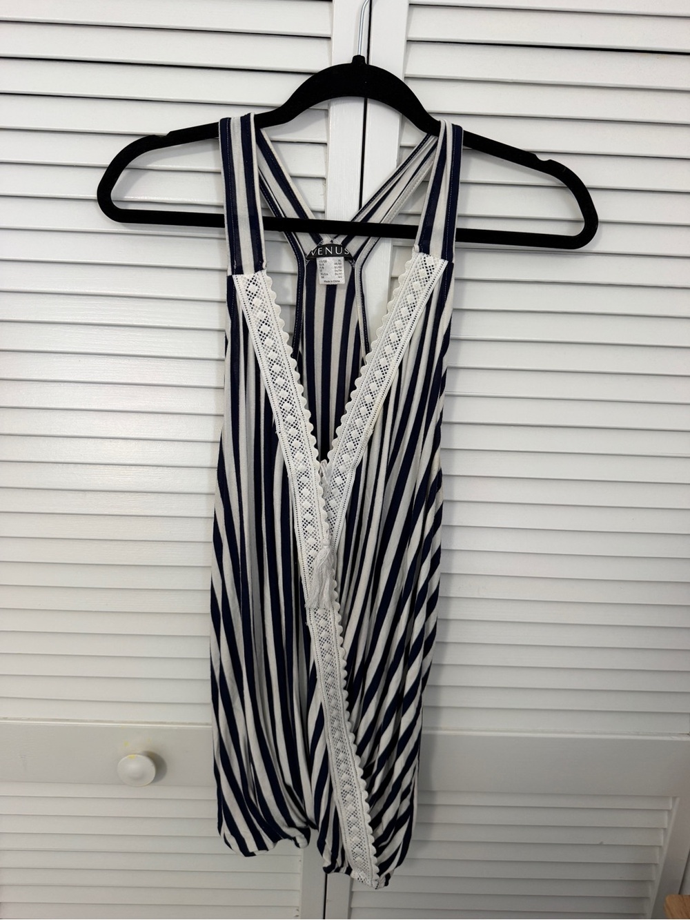 VENUS Navy & White Striped Lace-Trim Tank Top Size XL